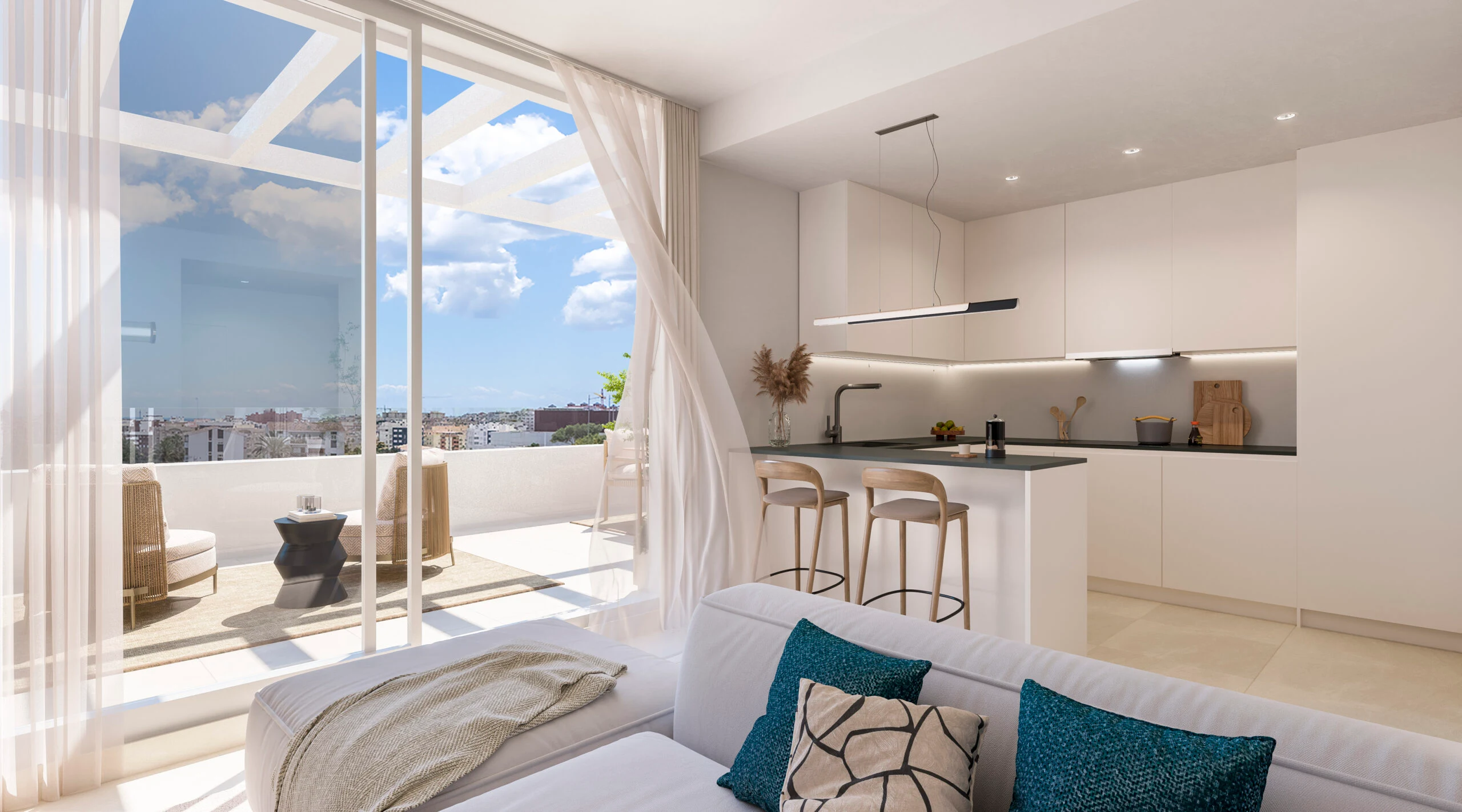 Illustrative open kitchen and living area