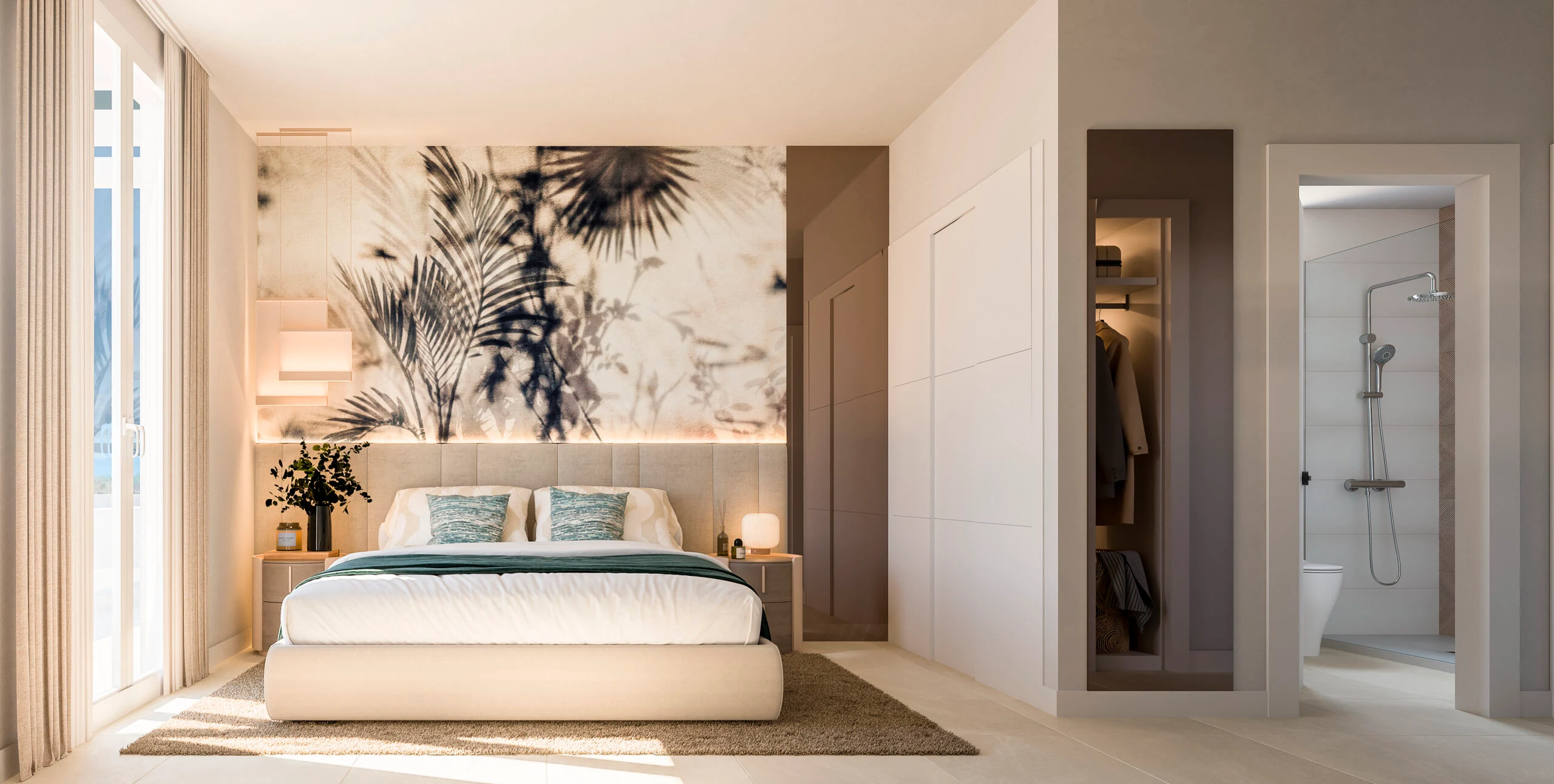 Illustrative bedroom with fitted wardrobes