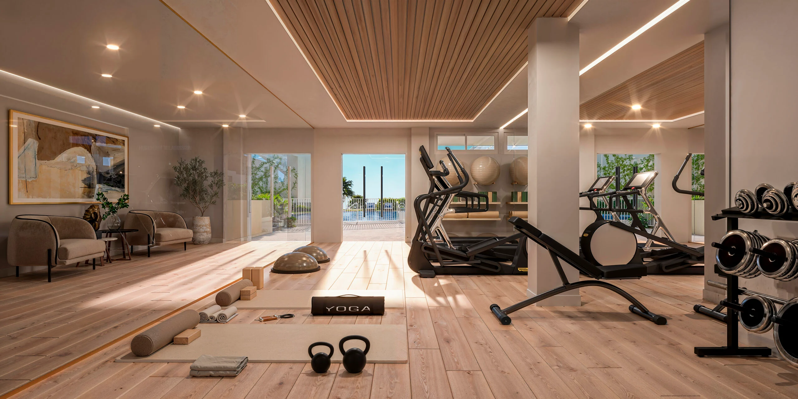 Communal gym with exercise equipment
