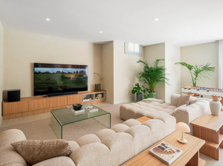 Lower-level lounge and entertainment area