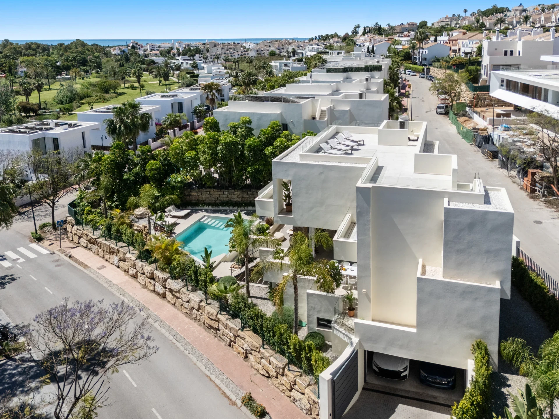 Aerial view of the villa and surrounding neighbourhood