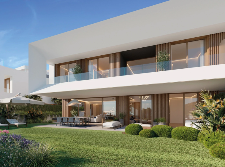 Illustrative townhouse facade and garden in El Campanario, Estepona