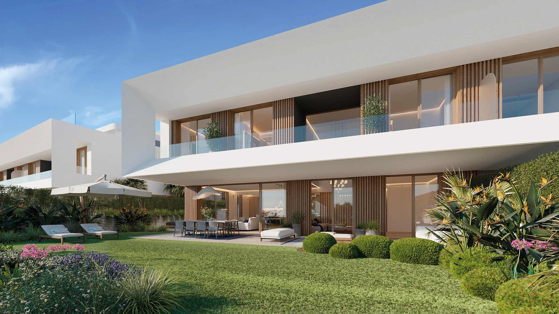 Illustrative townhouse facade and garden in El Campanario, Estepona