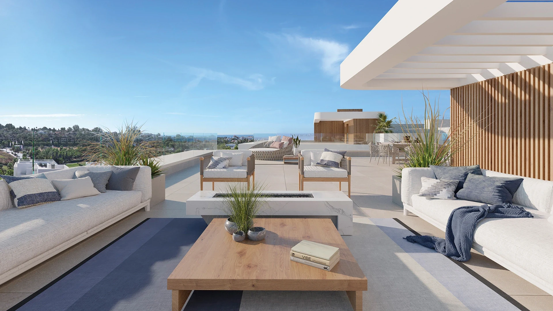 Illustrative rooftop solarium with outdoor seating in El Campanario