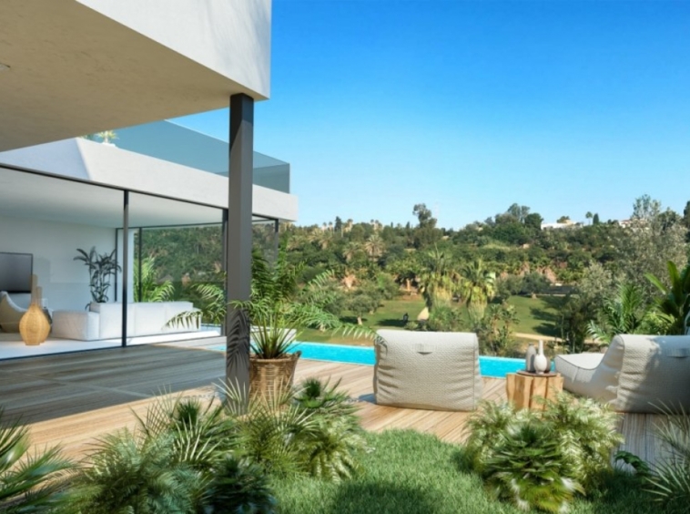 Illustrative covered terrace beside private pool