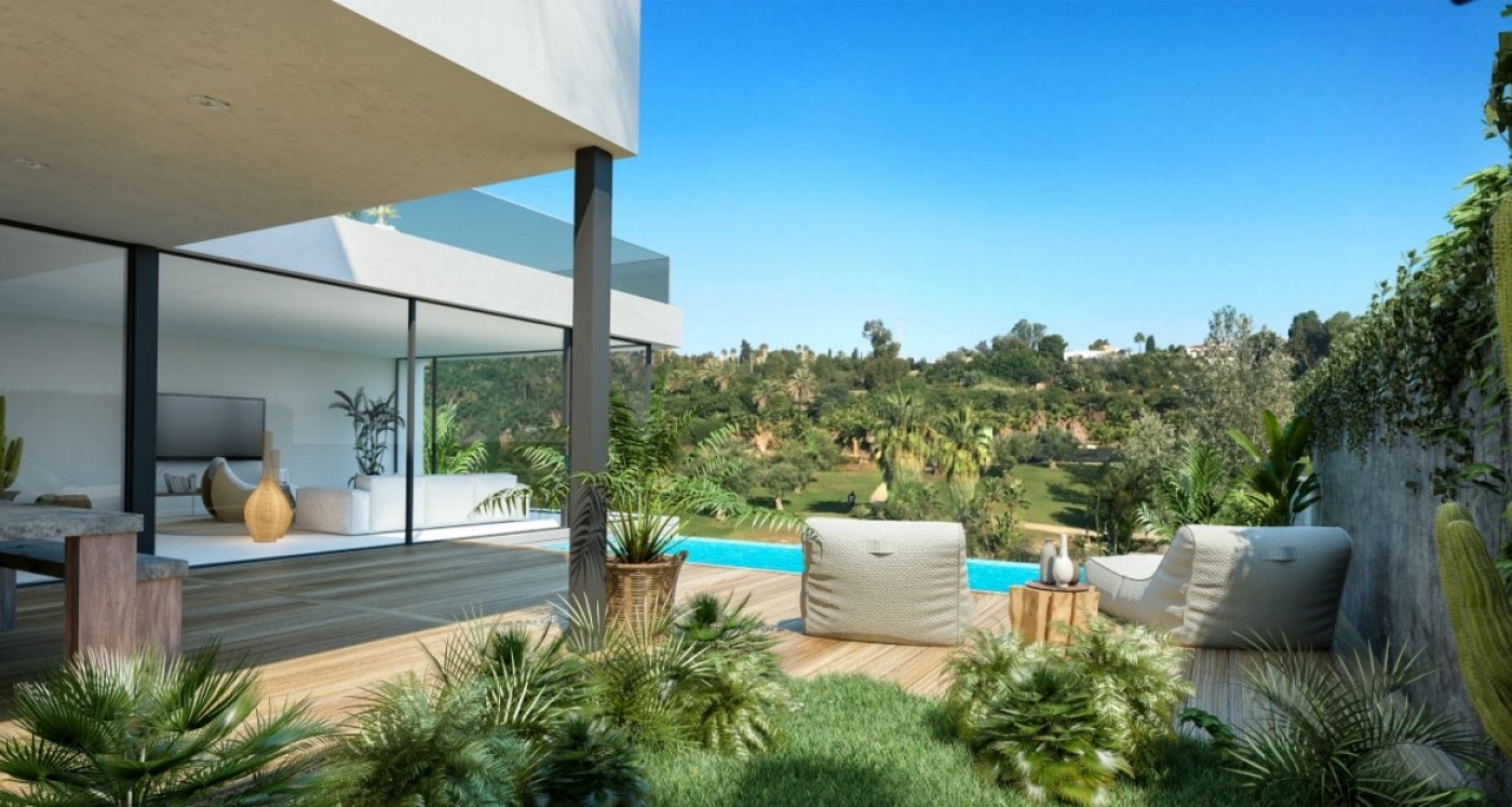 Illustrative covered terrace beside private pool