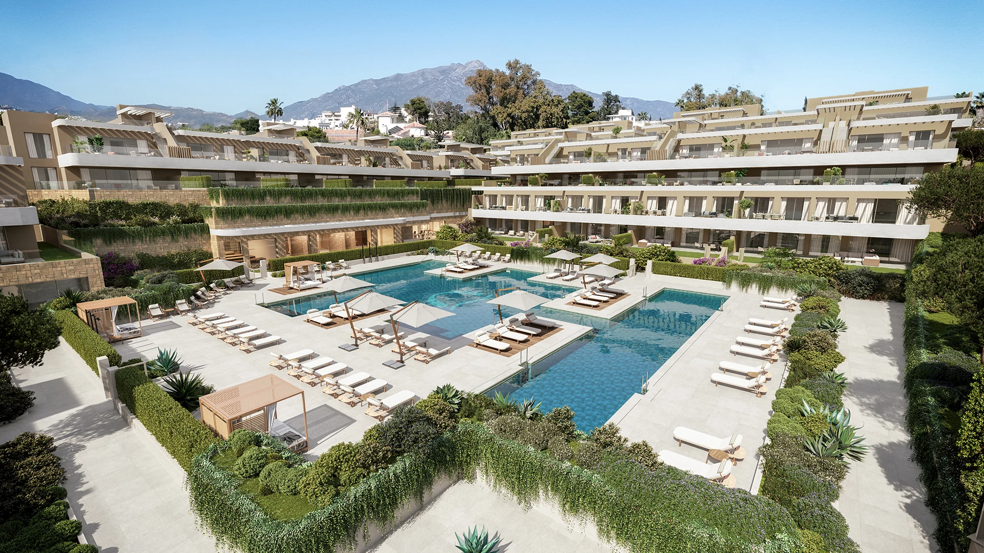 Illustrative communal pool and landscaped residences in El Campanario