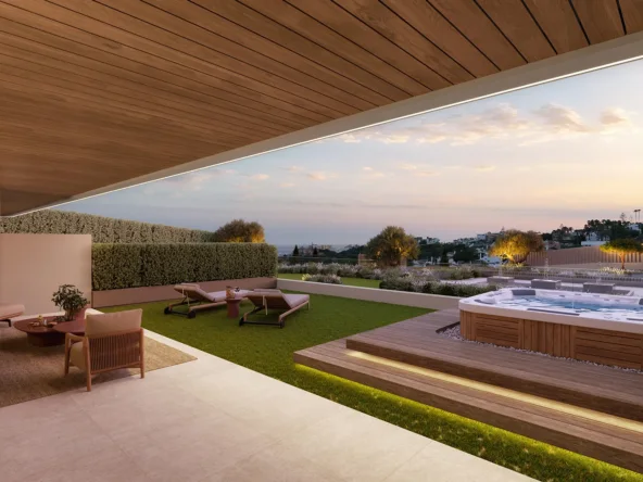Illustrative garden terrace at sunset in El Campanario