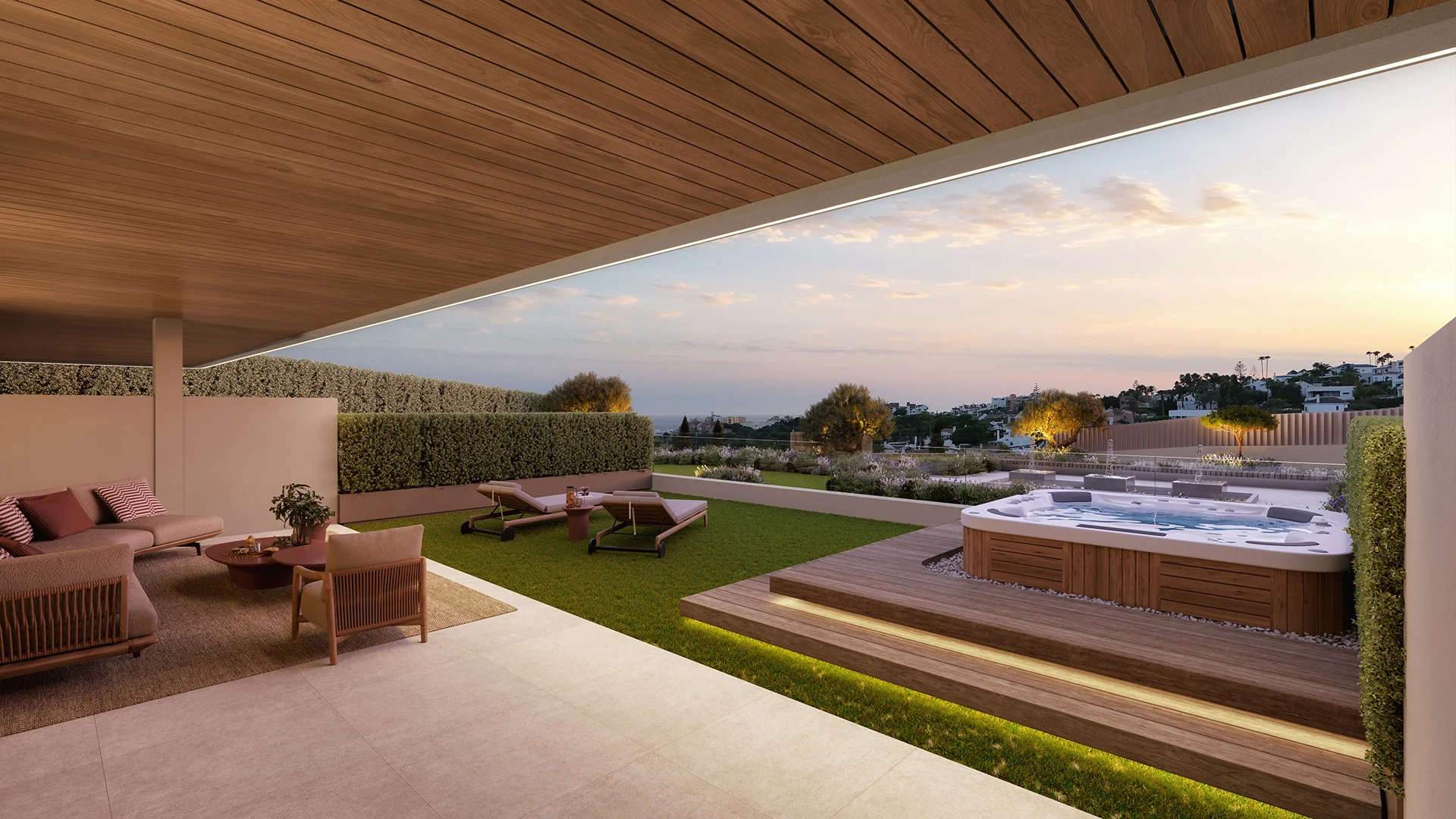 Illustrative garden terrace at sunset in El Campanario