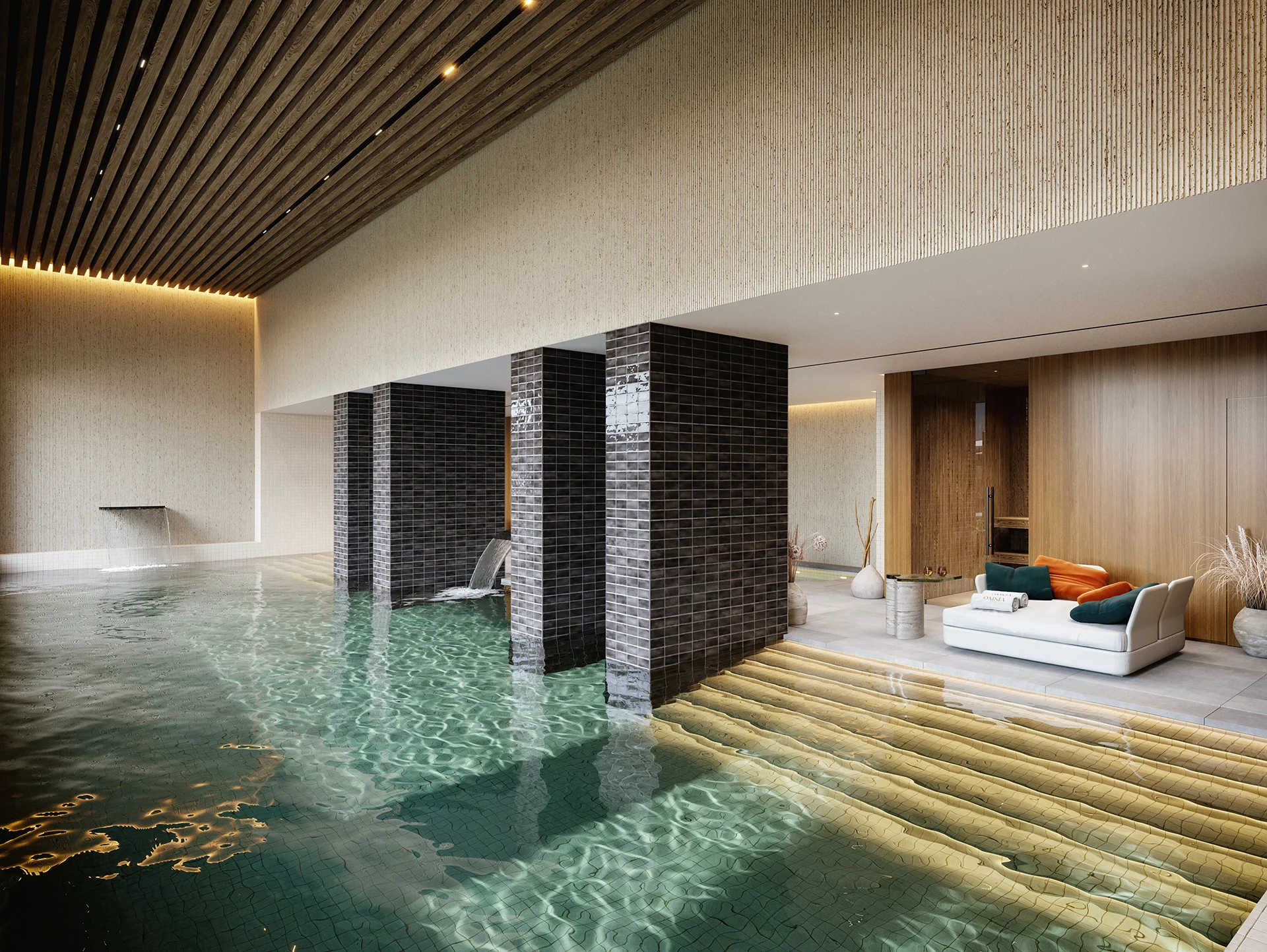 Illustrative communal indoor pool and spa in El Campanario