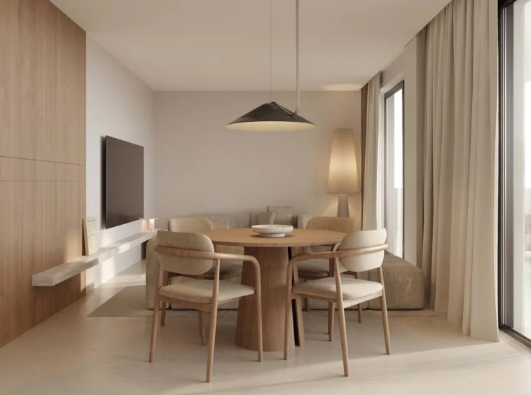 Architectural visualisation of the living and dining area in El Chaparral, Mijas