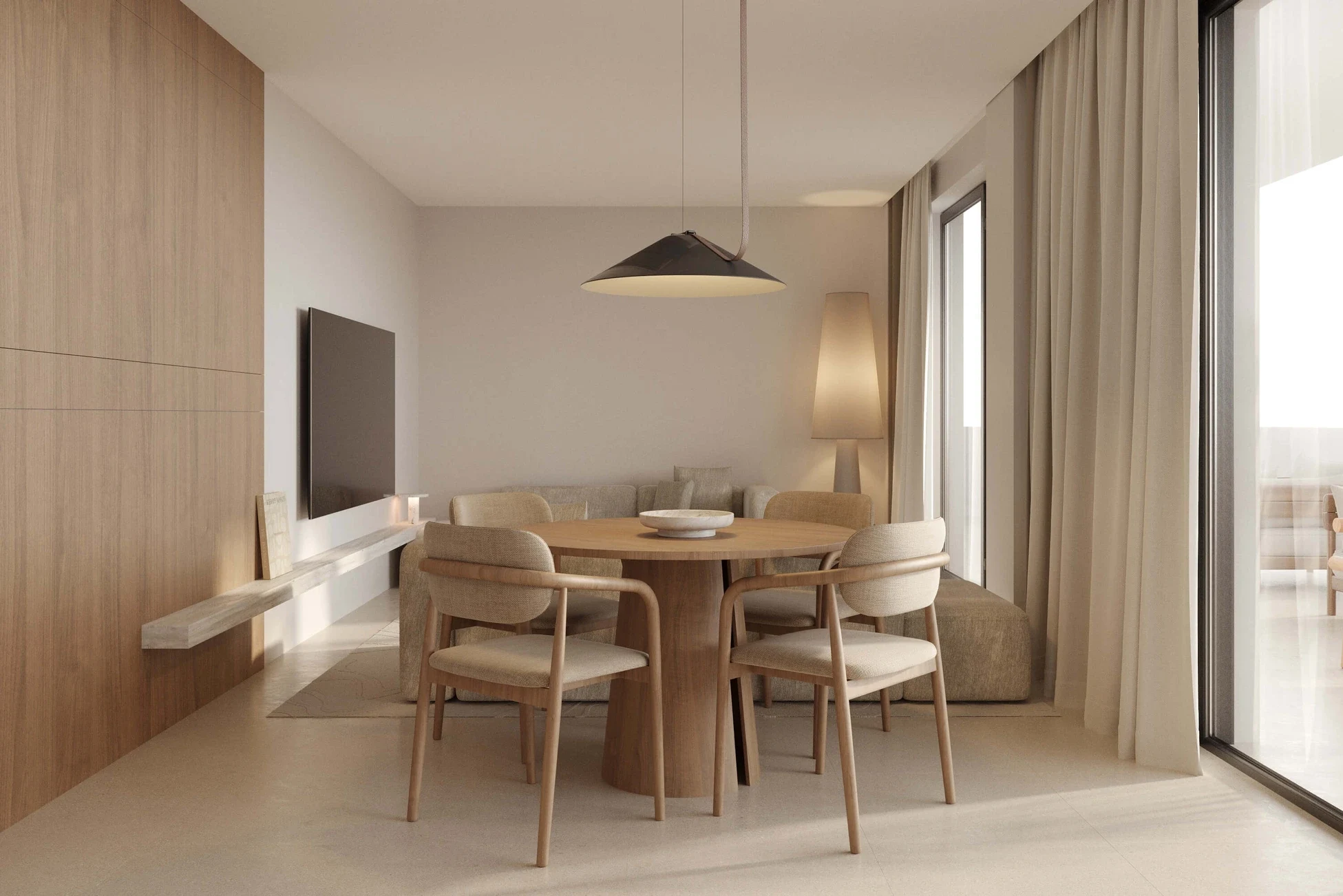 Architectural visualisation of the living and dining area in El Chaparral, Mijas