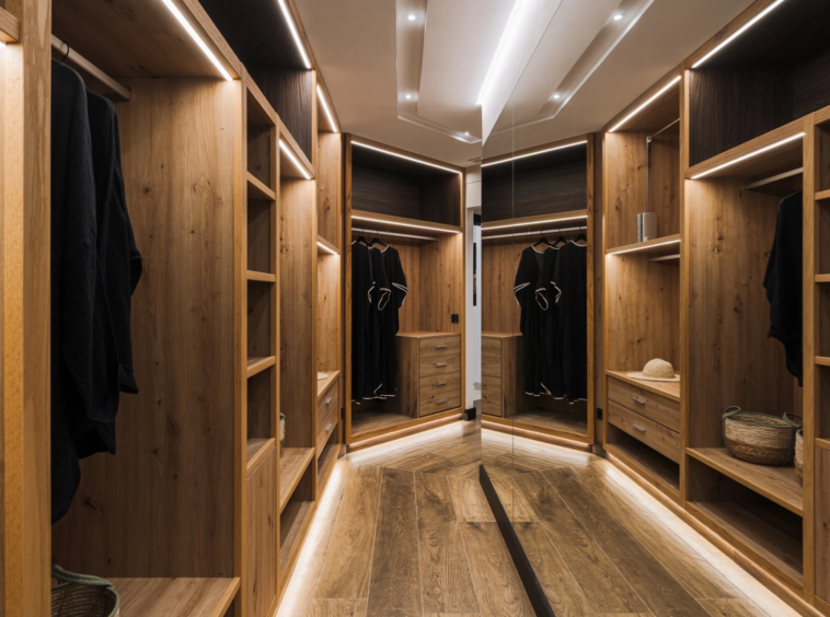 Dressing room with illuminated fitted wardrobes