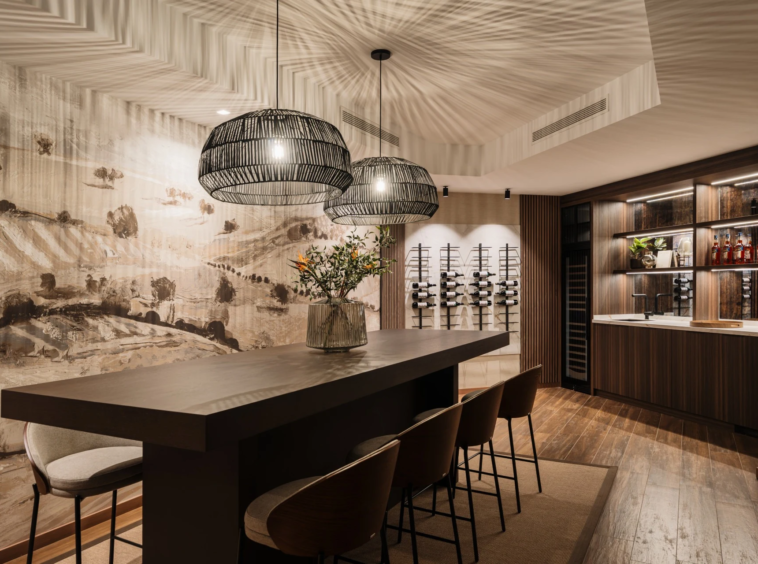 Wine cellar with tasting table and display cabinets