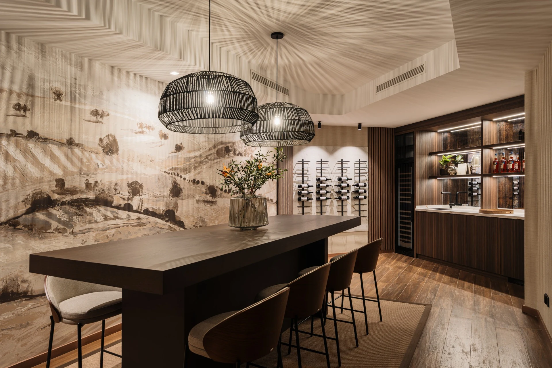 Wine cellar with tasting table and display cabinets