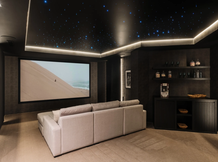 Private cinema room with large screen and lounge seating