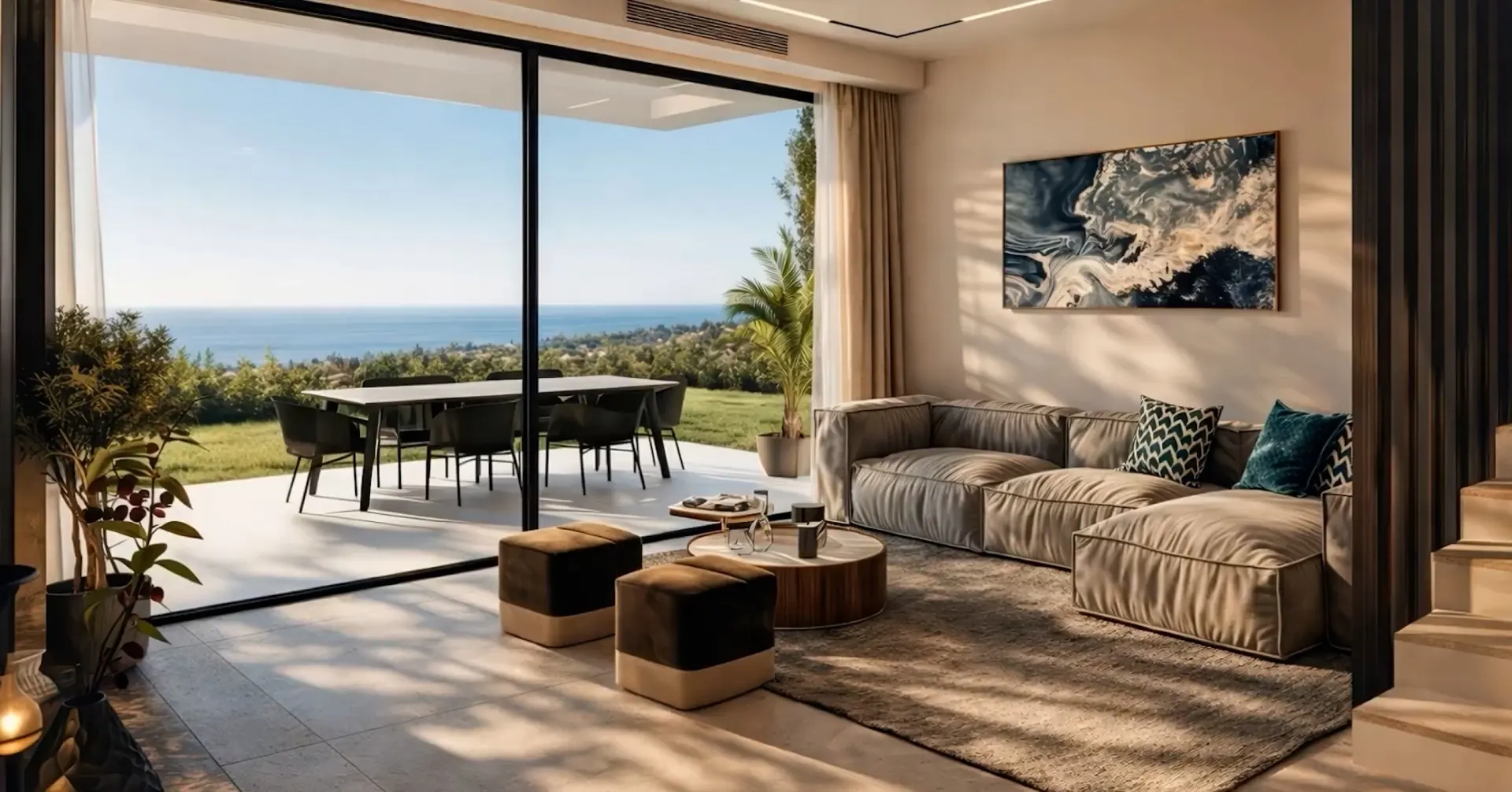 Illustrative living room opening to the terrace