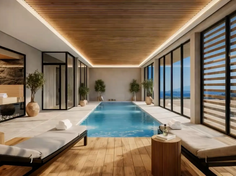 Illustrative shared indoor pool and spa