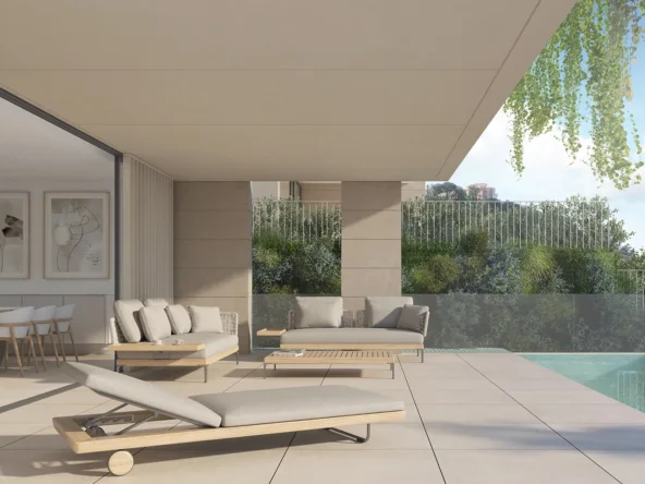 Illustrative garden-level terrace and private pool in Elviria