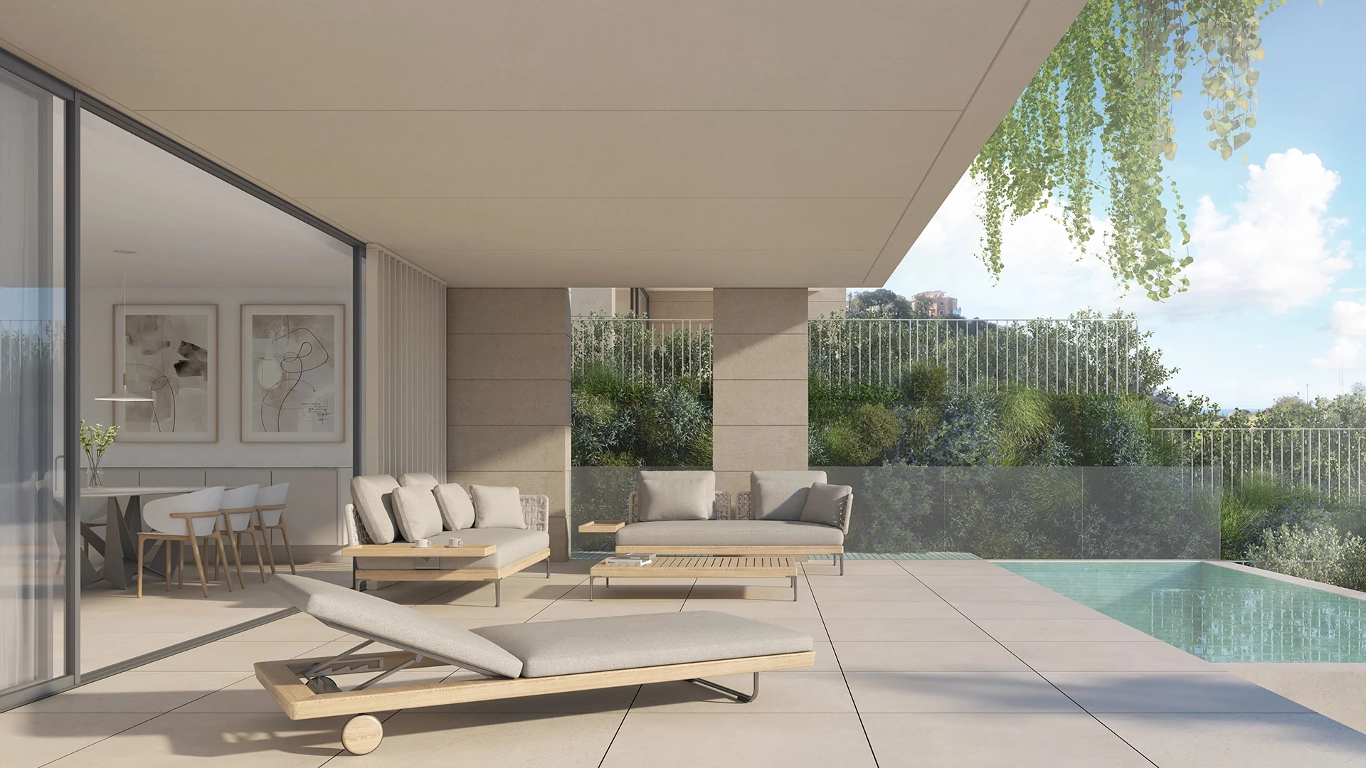 Illustrative garden-level terrace and private pool in Elviria