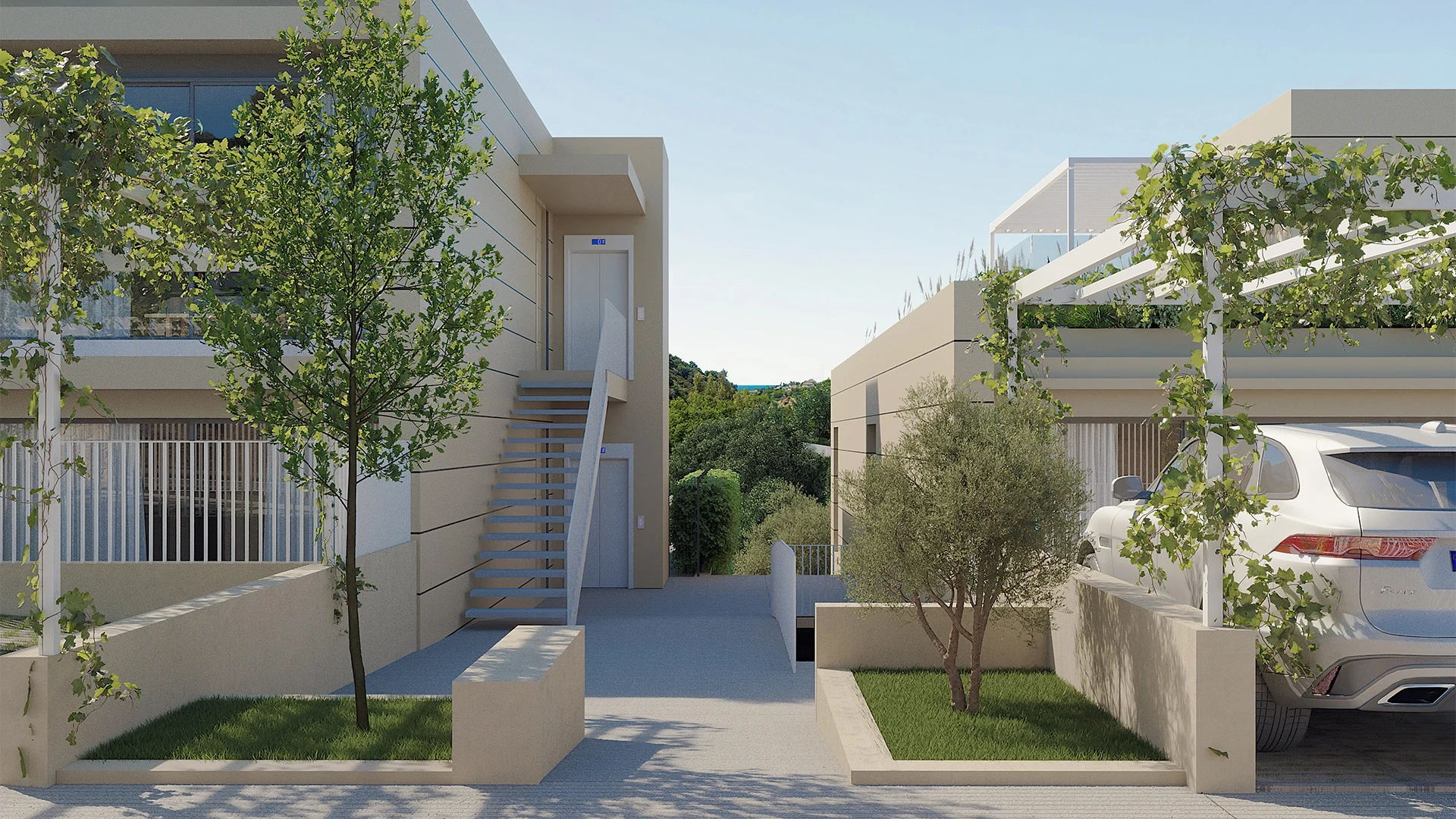 Illustrative entrance and covered parking in Elviria