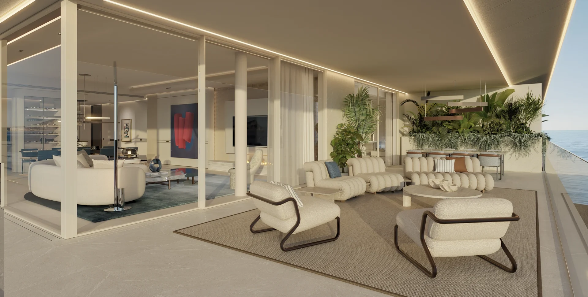 Illustrative covered sea-view terrace in an Estepona development