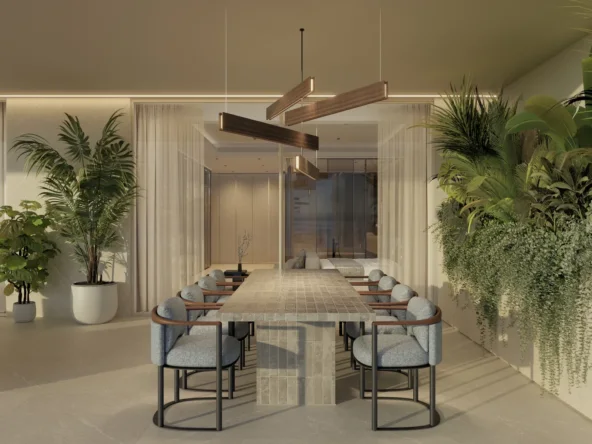 Illustrative dining area adjoining a covered terrace in Estepona