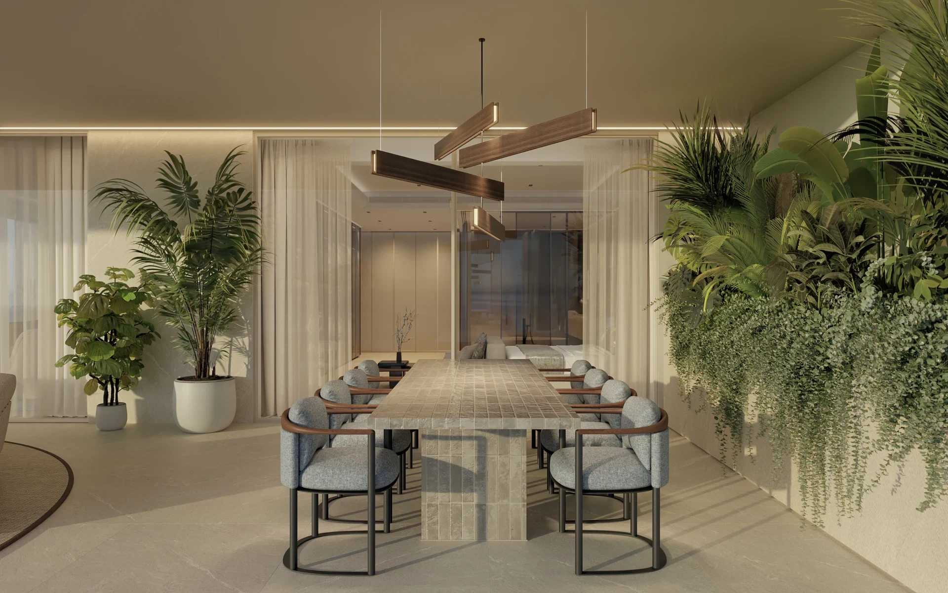 Illustrative dining area adjoining a covered terrace in Estepona