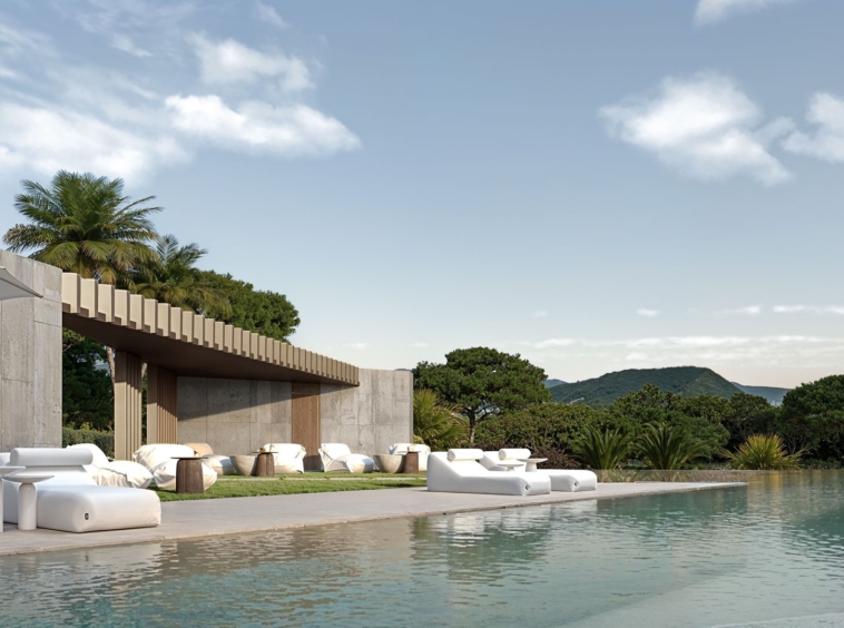 Illustrative shared swimming pool and landscaped grounds in Estepona, Spain