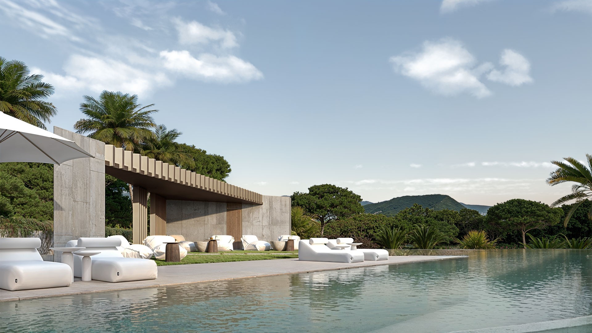 Illustrative shared swimming pool and landscaped grounds in Estepona, Spain