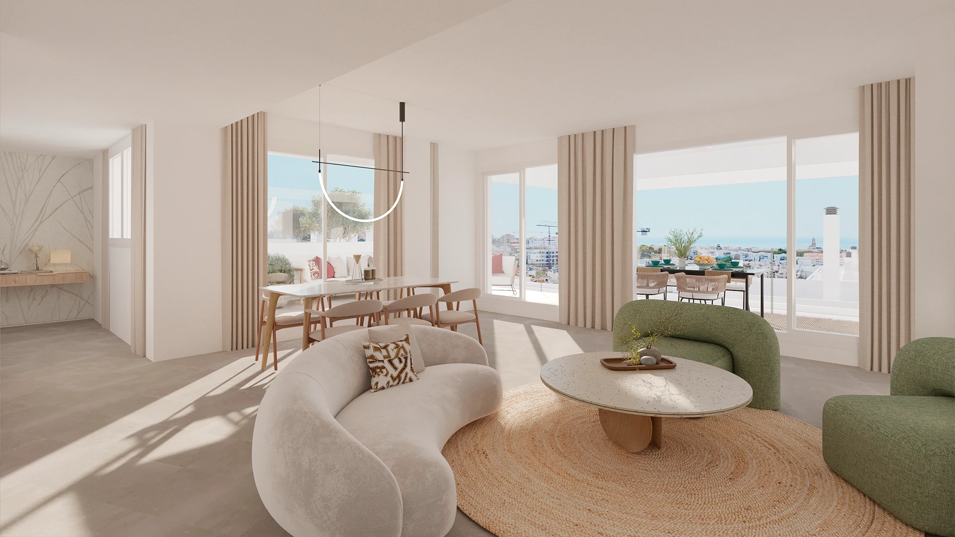 Illustrative bright open-plan living and dining area