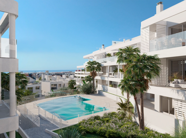 Illustrative communal pool between residential buildings