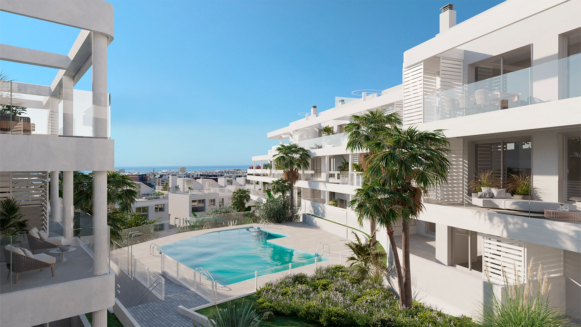 Illustrative communal pool between residential buildings