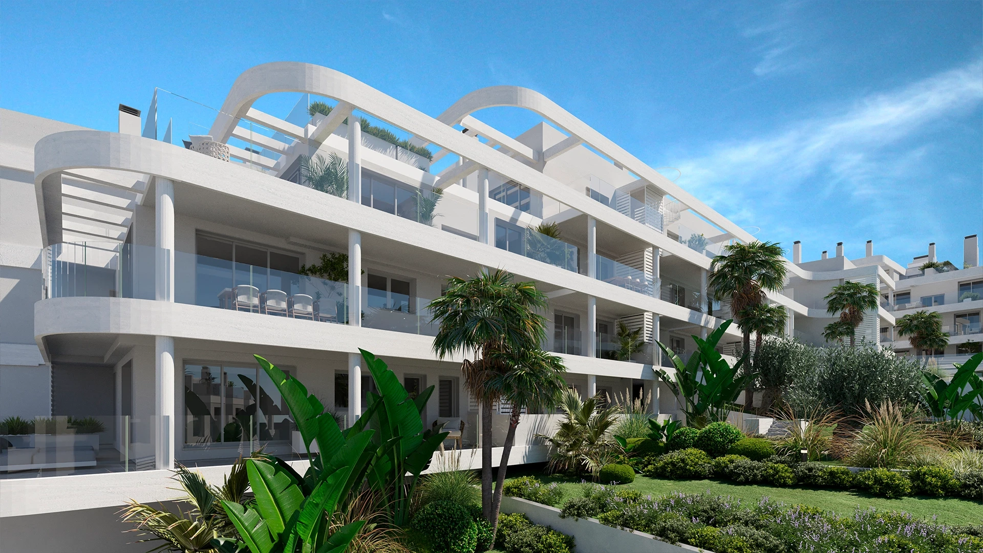 Illustrative landscaped communal gardens and apartment terraces
