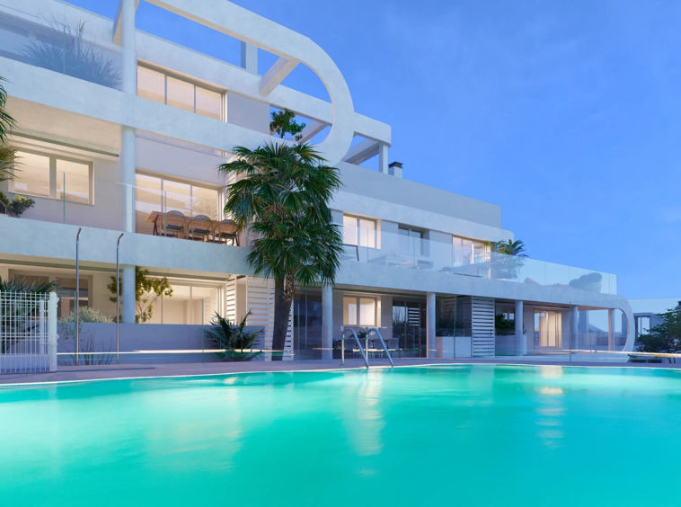 Illustrative communal swimming pool at dusk