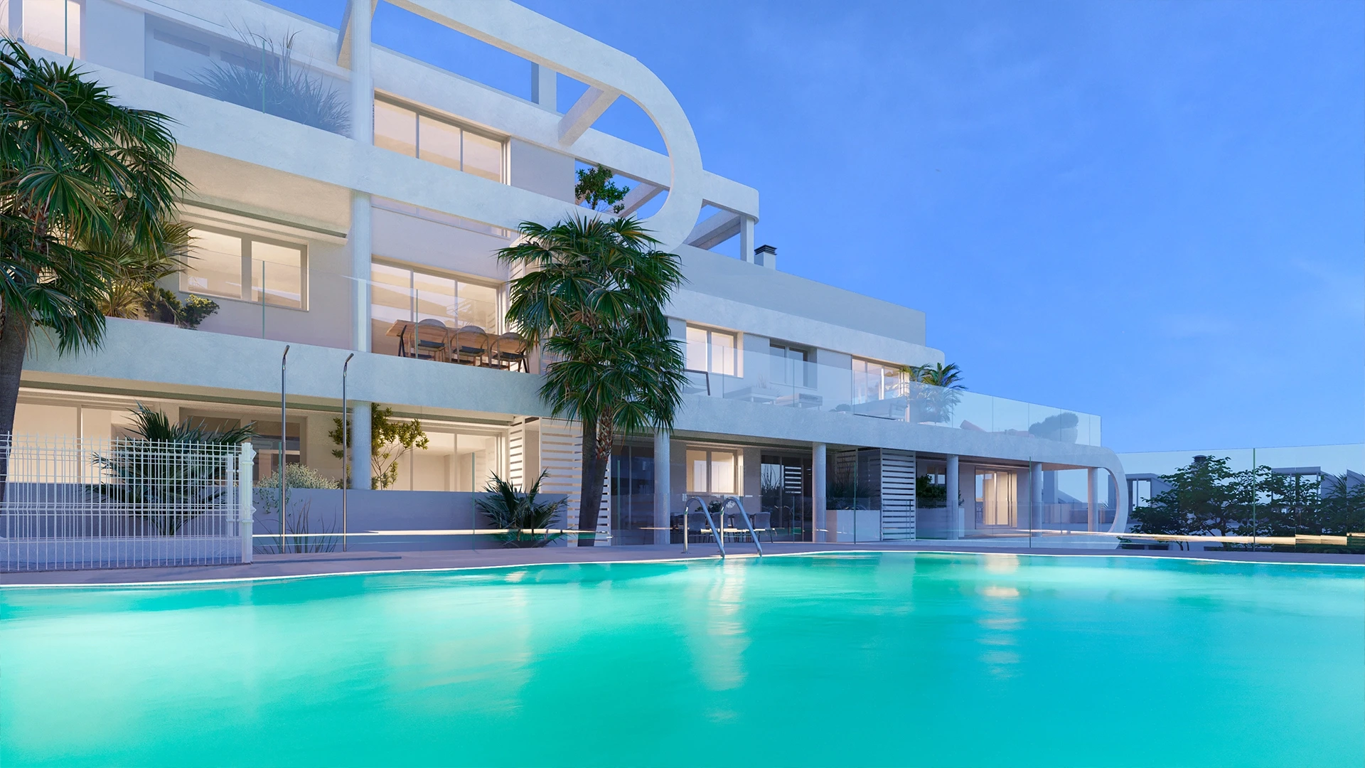 Illustrative communal swimming pool at dusk