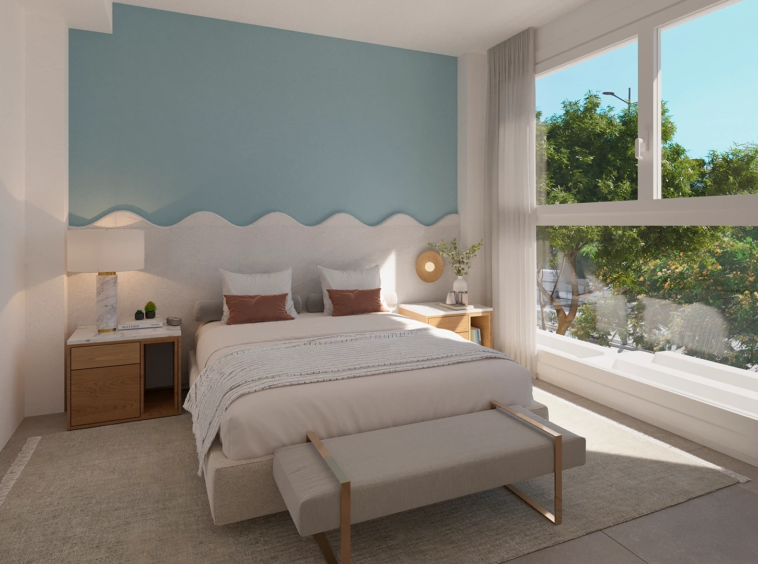 Illustrative bedroom with glazed doors