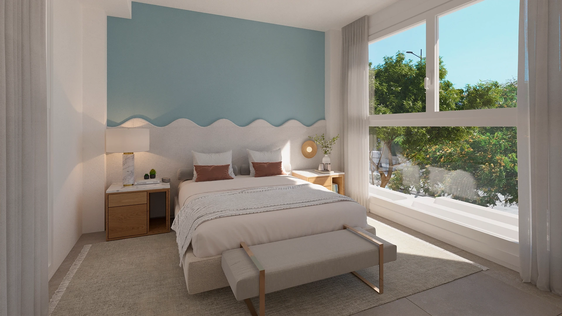 Illustrative bedroom with glazed doors