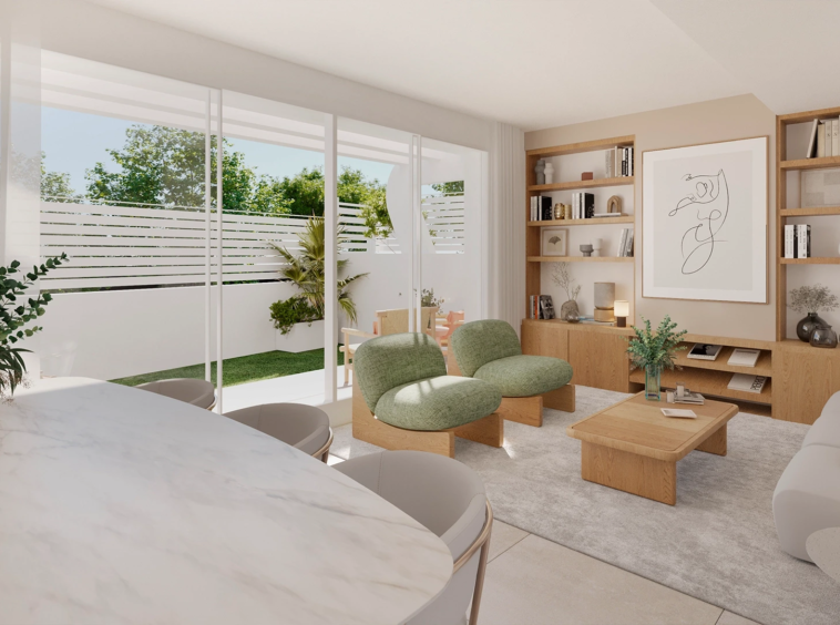 Illustrative living room opening to an outdoor terrace