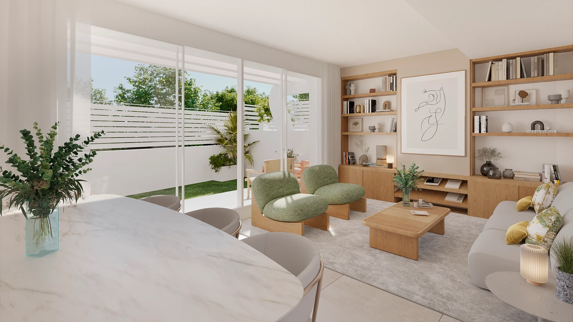Illustrative living room opening to an outdoor terrace