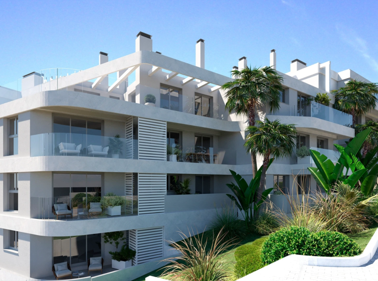 Illustrative white residential architecture and palm trees