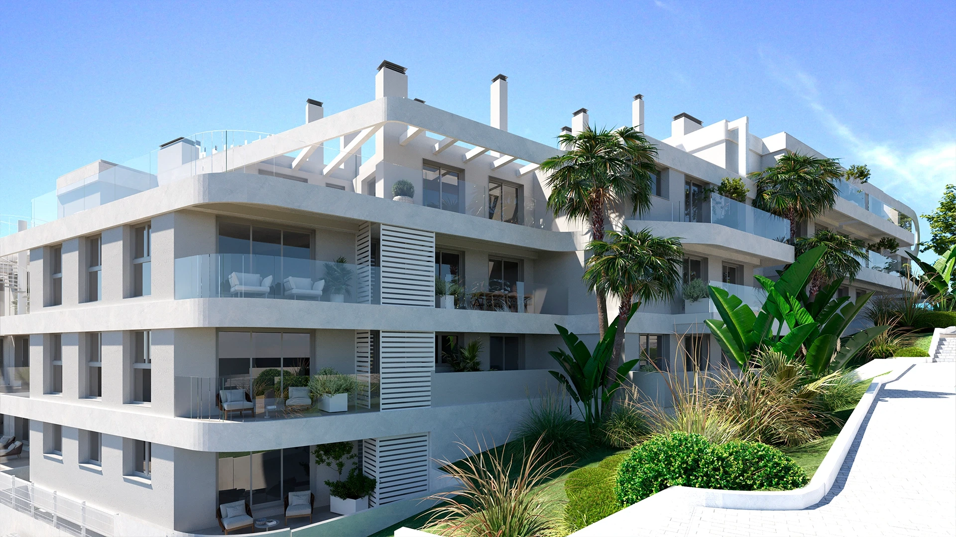 Illustrative white residential architecture and palm trees