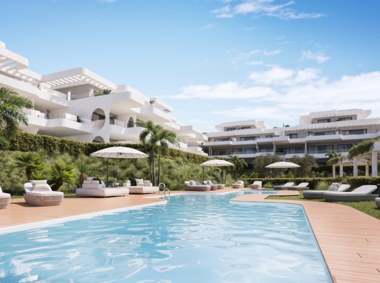 Illustrative shared pool and apartments in Estepona