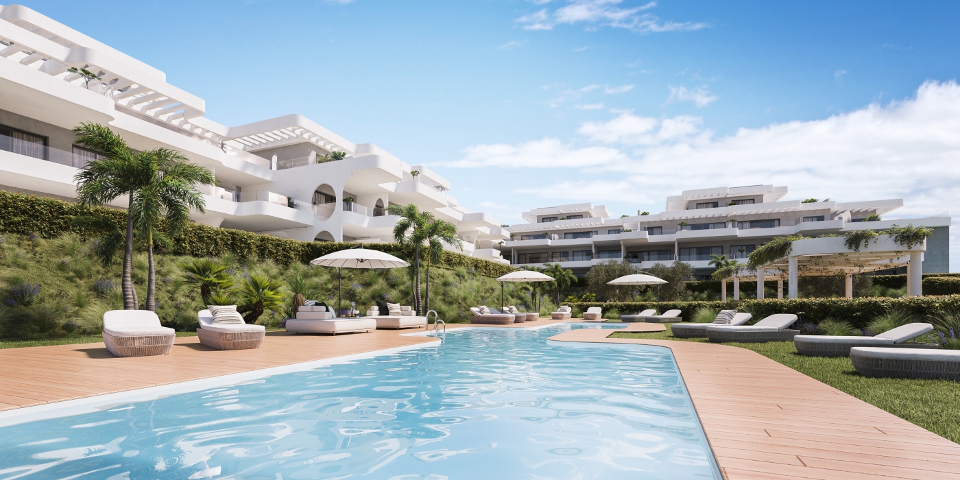 Illustrative shared pool and apartments in Estepona