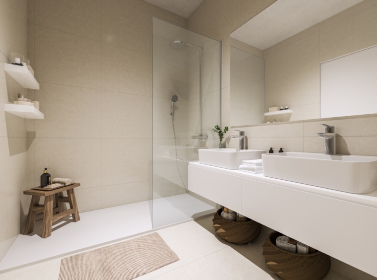 Illustrative bathroom with bath and shower