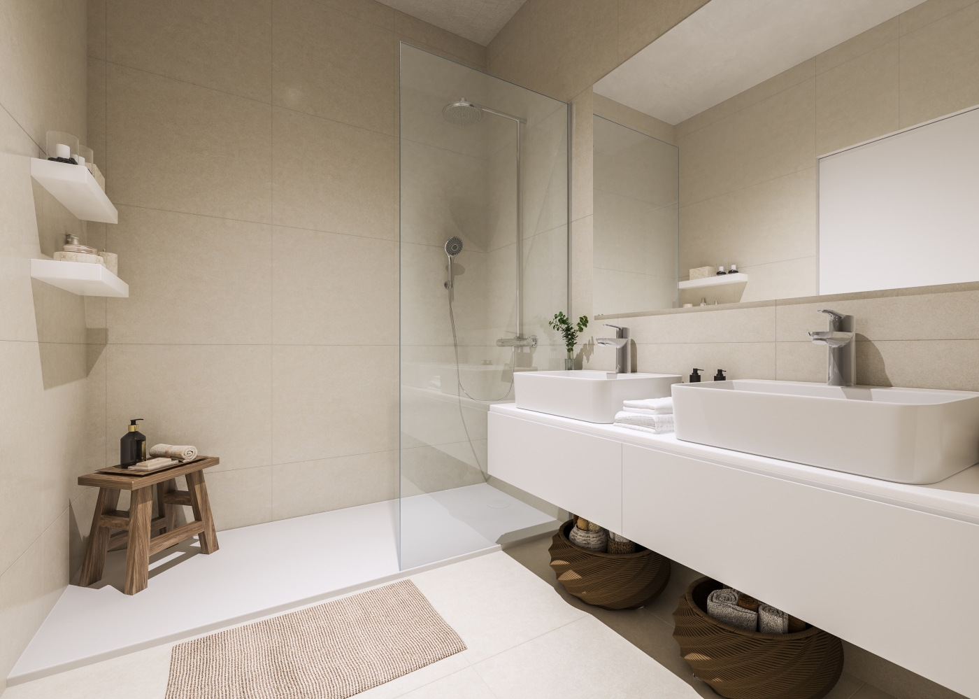 Illustrative bathroom with bath and shower