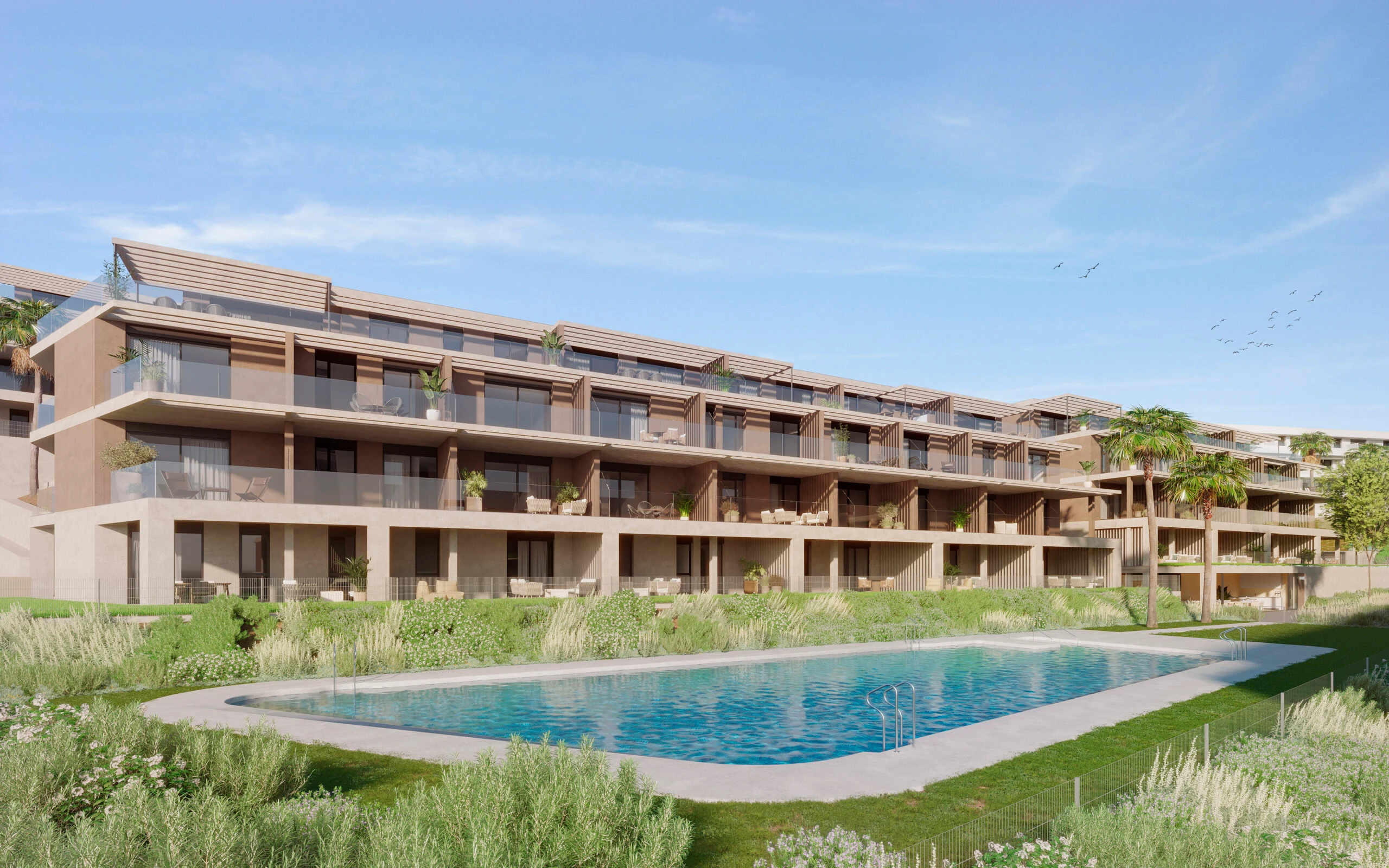Communal pool and landscaped grounds in Valle Romano, Estepona