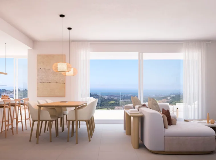 Illustrative living and dining room opening to a terrace