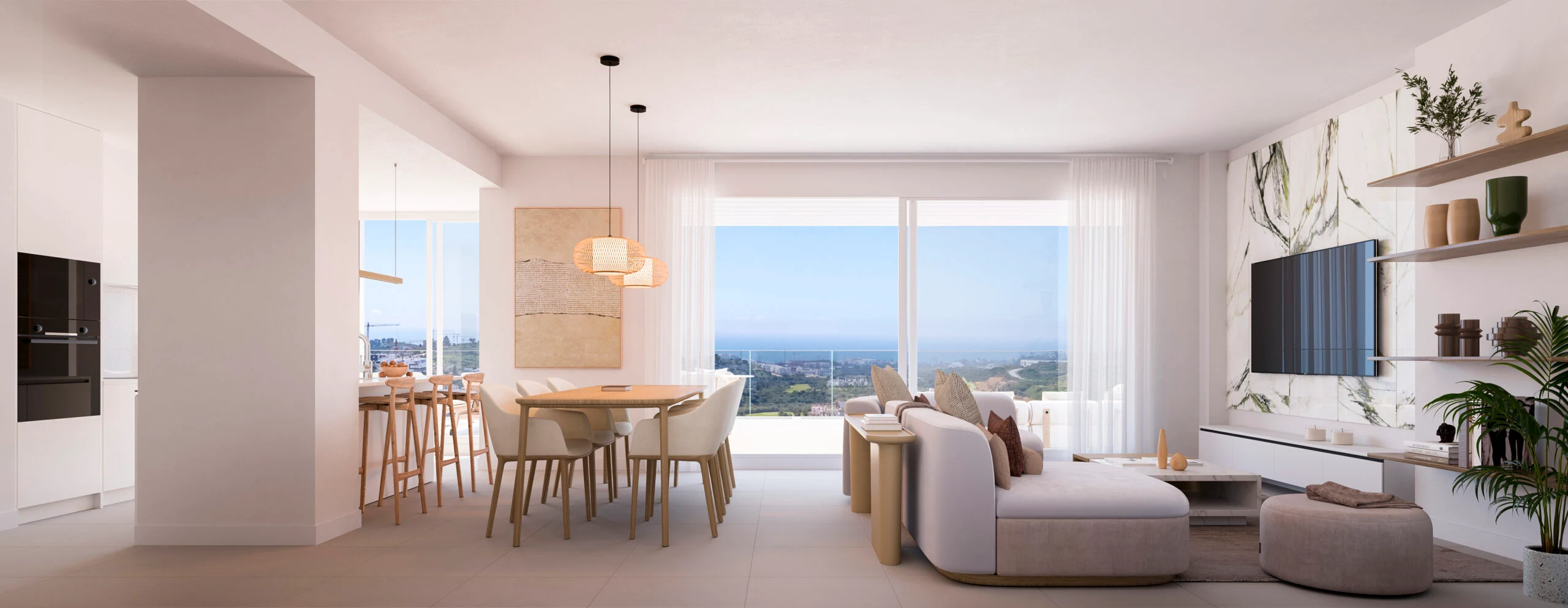 Illustrative living and dining room opening to a terrace
