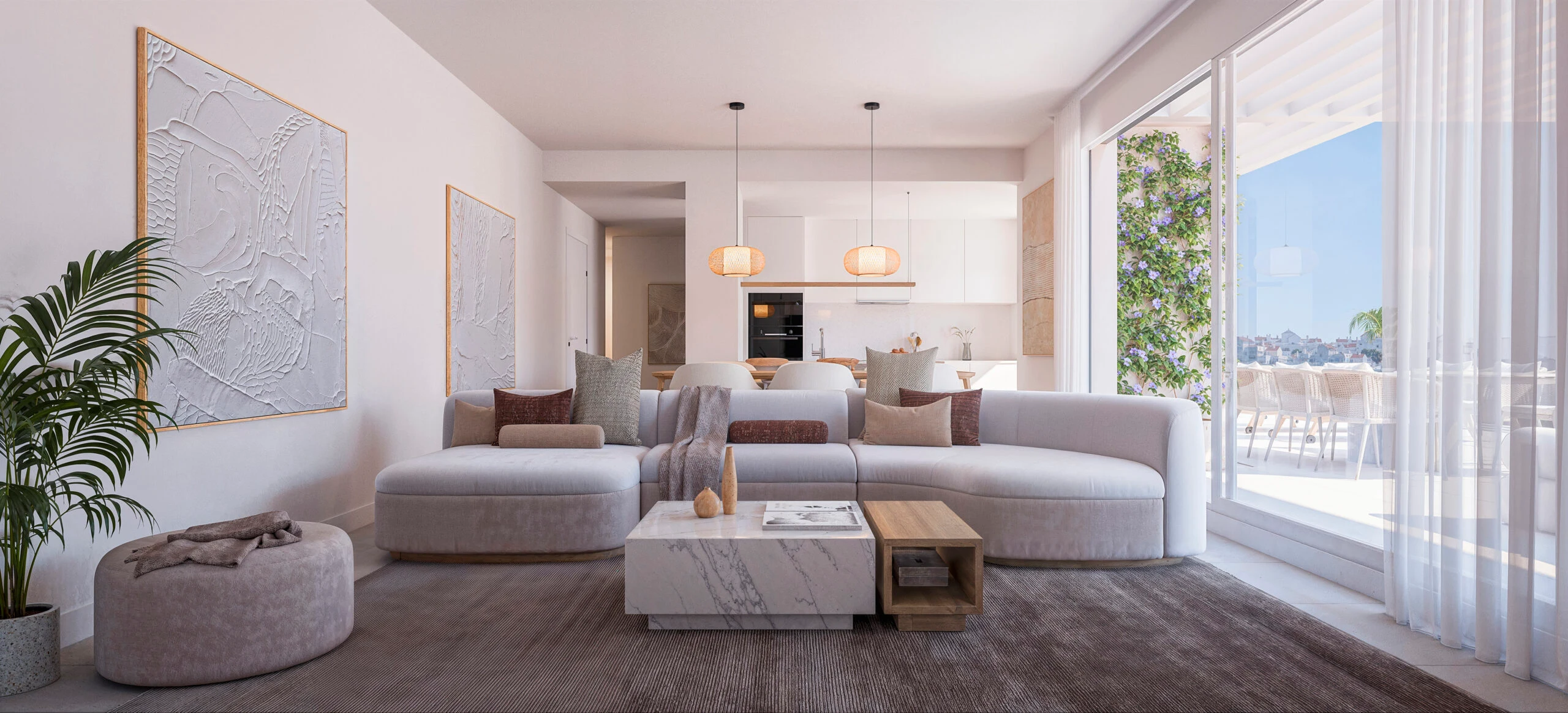 Illustrative open living room and kitchen